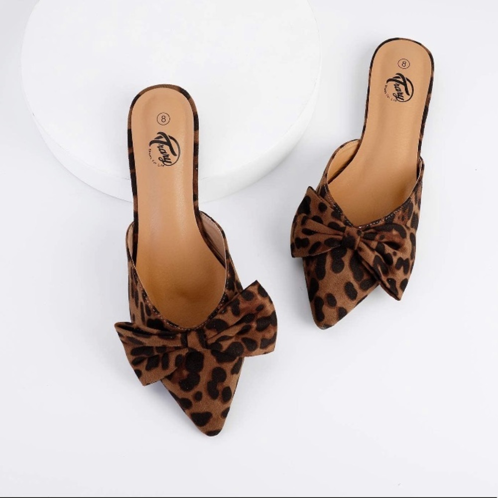 ✖️POINTY MULE LEOPARD BOW WOMANS FLAT SHOE *NEW* - Picture 1 of 7